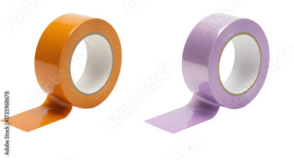 Fototapeta Two rolls of colored adhesive tape in orange and purple isolated on white background, perfect for crafts and packaging projects