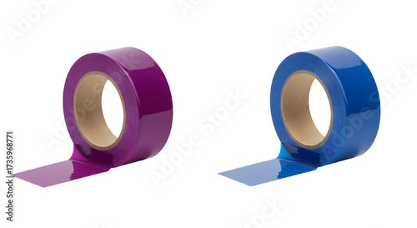 Fototapeta Two rolls of colored adhesive tape, one purple and one blue on white background, perfect for crafts and office use