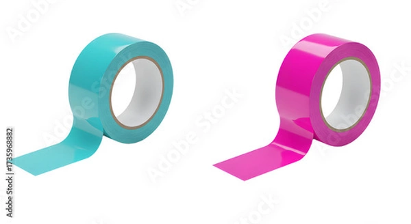 Fototapeta Two rolls of colorful adhesive tape in blue and pink isolated on white, perfect for craft projects and office use