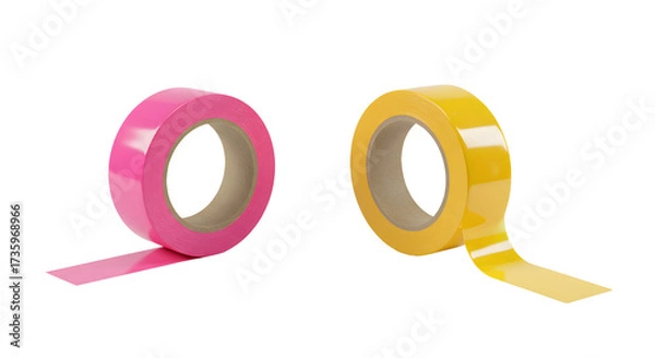 Fototapeta Two rolls of colorful adhesive tape in pink and yellow isolated on white background, perfect for crafts and packaging