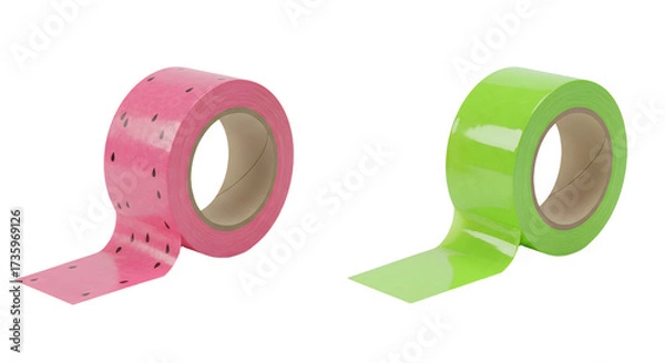 Fototapeta Two rolls of decorative adhesive tape in pink and green colors isolated on white, perfect for crafts and DIY projects