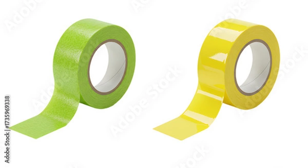 Fototapeta Two rolls of green and yellow adhesive tape isolated on white background, office and craft supplies, perfect for DIY projects and packaging