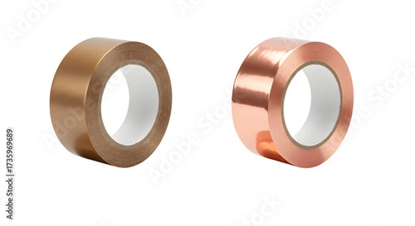 Fototapeta Two rolls of shiny adhesive tape in copper and bronze colors isolated on white background, perfect for crafting and packaging projects