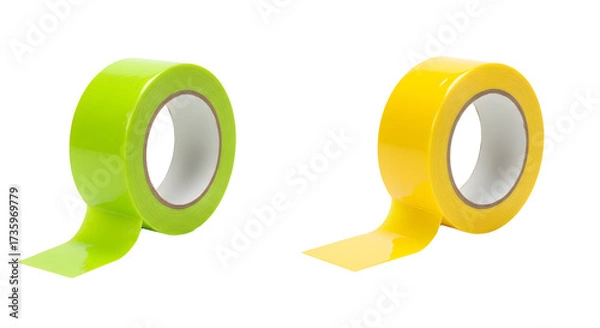 Fototapeta Two rolls of yellow and green adhesive tape isolated on white background, perfect for crafts and office use