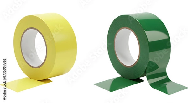 Fototapeta Yellow and green rolls of adhesive packing tape isolated on white, perfect for packaging and shipping tasks