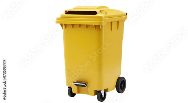 Fototapeta Yellow outdoor garbage bin with wheels and pedal for waste disposal, isolated on white background, ideal for recycling and trash collection