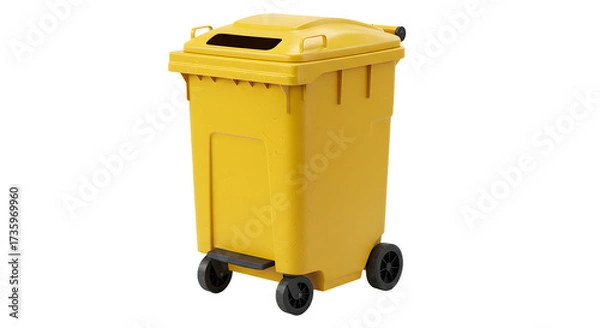 Fototapeta Yellow wheeled garbage bin isolated on white background, waste container for recycling and trash collection