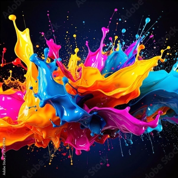 Fototapeta Vibrant splashes of paint in various colors—red, blue, yellow, and green—burst against a deep black background, creating a striking contrast and dynamic energy.