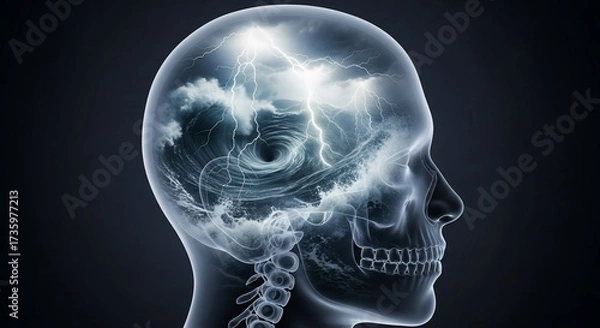 Fototapeta An illustration of a transparent head with weather phenomena inside