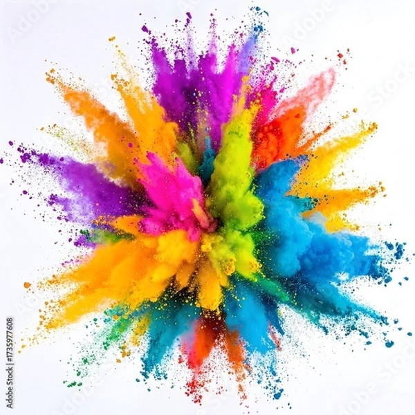Fototapeta A vibrant burst of colored powder explodes against a pristine white background, creating a stunning visual of swirling hues in shades of pink, blue, yellow, and green.