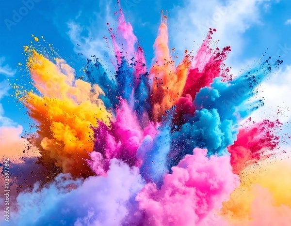 Fototapeta A vibrant explosion of colorful powder bursts across the canvas, creating a dynamic and energetic wallpaper design filled with swirling hues of pink, blue, yellow, and green.
