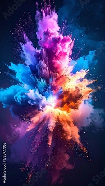Fototapeta A vibrant explosion of colorful smoke billows against a deep black background, showcasing swirling hues of blue, pink, yellow, and green in dynamic patterns.