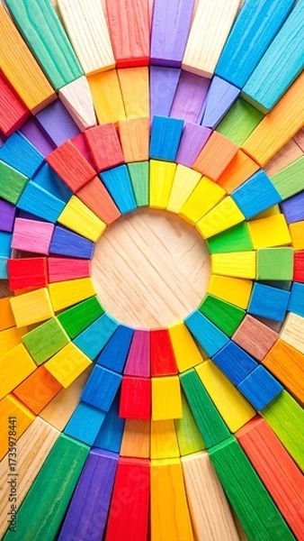 Fototapeta A vibrant assortment of colorful wooden blocks, featuring various shapes and sizes, meticulously arranged in a perfect circle on a smooth surface.