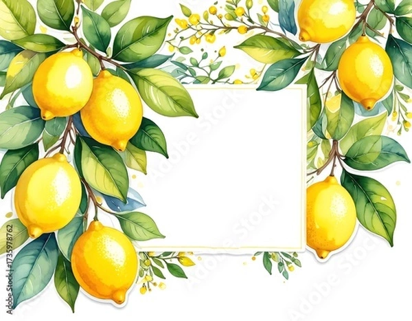 Fototapeta Fresh, vibrant lemons with glossy skin, nestled among lush green leaves and delicate branches, set against a clean white background for a bright, natural look.