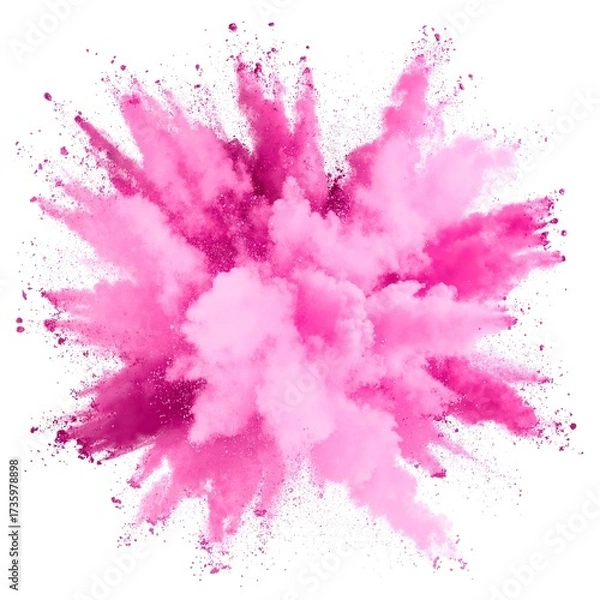 Fototapeta A vibrant pink powder bursts dramatically against a pristine white background, creating a stunning cloud of color that evokes energy and creativity.