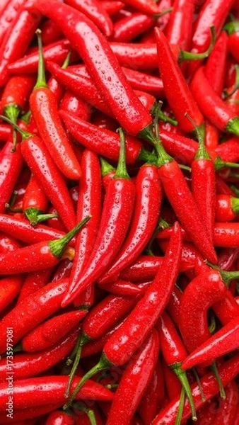 Fototapeta A vibrant cluster of red hot chili peppers, glistening with freshness, showcases their smooth, glossy skin and tapered shapes, perfect for culinary use.