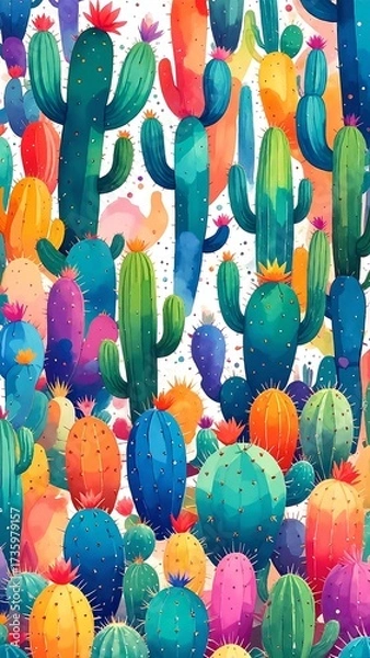 Fototapeta A vibrant seamless vector pattern featuring various cacti in different shapes and sizes, set against a soft pastel background, perfect for textiles.