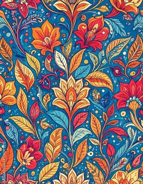 Fototapeta A vibrant seamless floral pattern featuring intricate leaves and clusters of berries, perfect for textiles, wallpapers, and decorative designs.