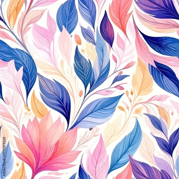 Fototapeta A vibrant seamless pattern featuring an array of colorful leaves in various shapes and sizes, showcasing rich hues of green, orange, red, and yellow.