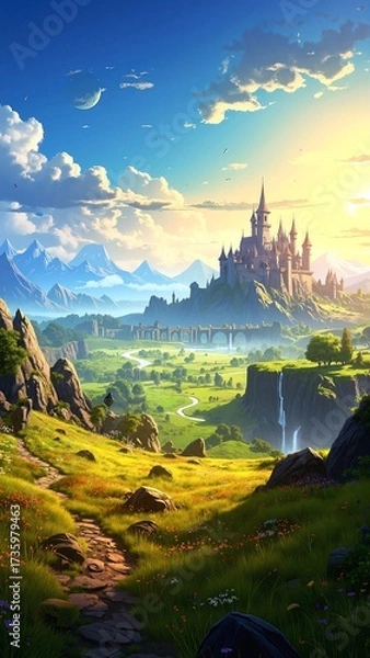 Fototapeta A captivating fantasy scene depicting "The Legend of Zeria," featuring a mystical landscape with ancient ruins, vibrant flora, and a heroic figure wielding a glowing sword.