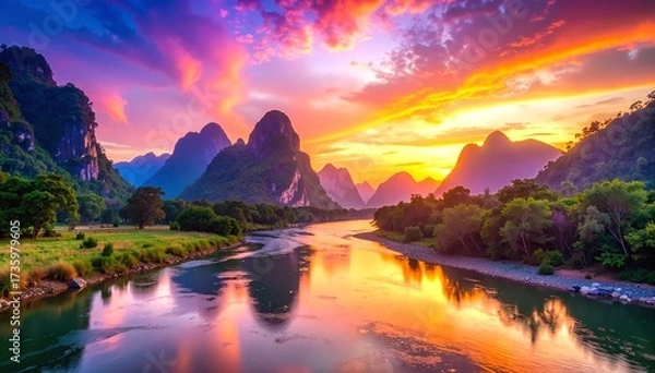 Fototapeta A serene view of the Yangtze River at sunset, with vibrant orange and pink hues reflecting on the water, surrounded by lush green hills and silhouettes of distant mountains.