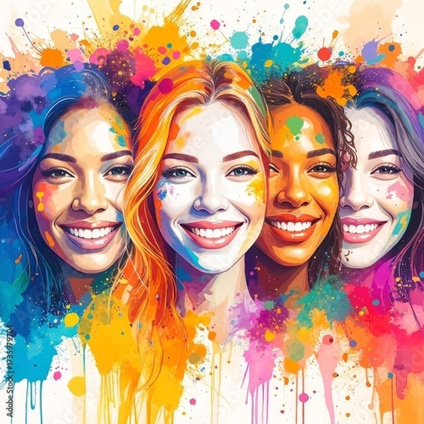 Fototapeta Three girls joyfully pose together, their faces adorned with vibrant splashes of paint in various colors, showcasing their artistic creativity and fun spirit.