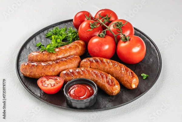 Fototapeta Juicy grilled sausages served with fresh tomatoes, parsley, and ketchup on a black plate over light background