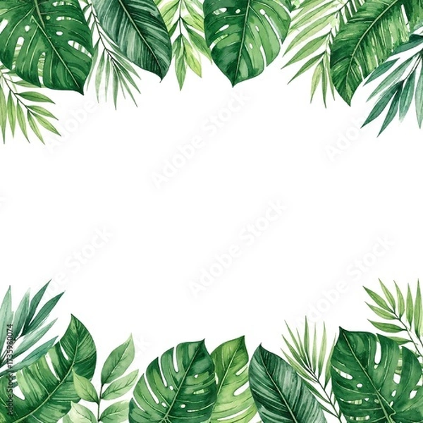 Fototapeta A vibrant arrangement of lush tropical leaves in various shades of green, elegantly framing the image, creating a lush, exotic atmosphere.
