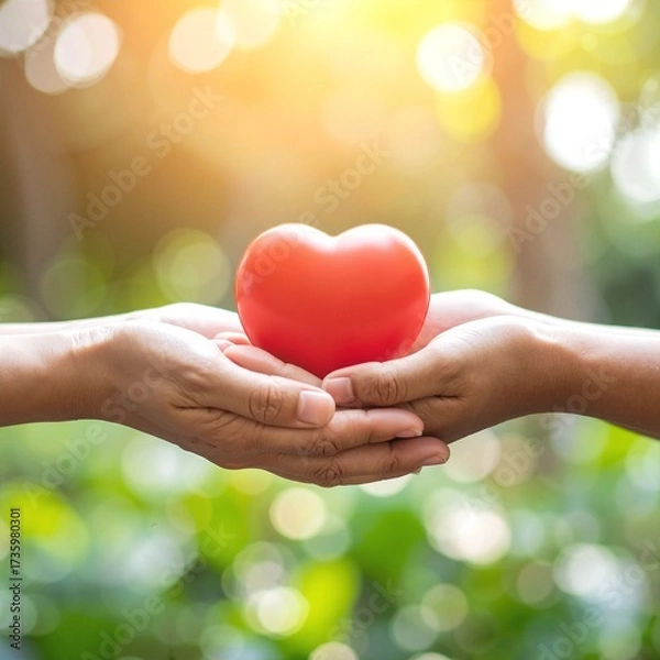 Fototapeta A close-up of two hands gently cradling a vibrant red heart, symbolizing love and compassion, against a soft, blurred background.