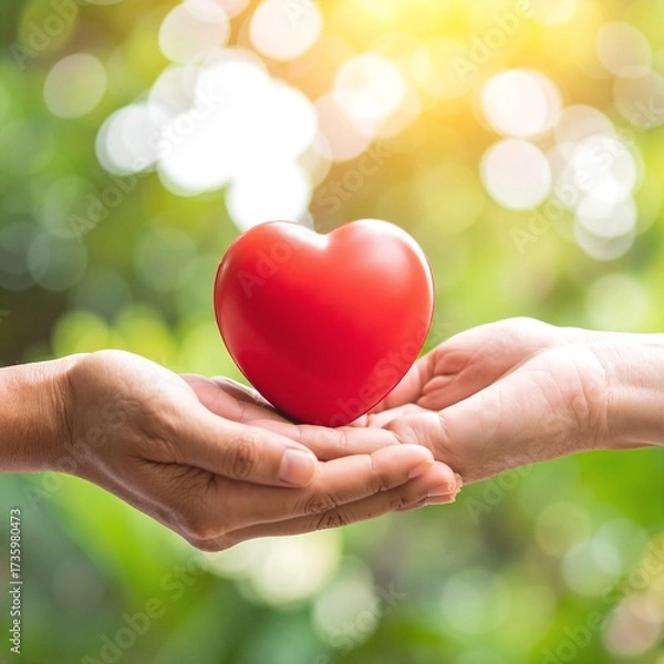 Fototapeta Two hands gently cradle a vibrant red heart, symbolizing love and compassion, against a soft, blurred background that enhances the emotional warmth.