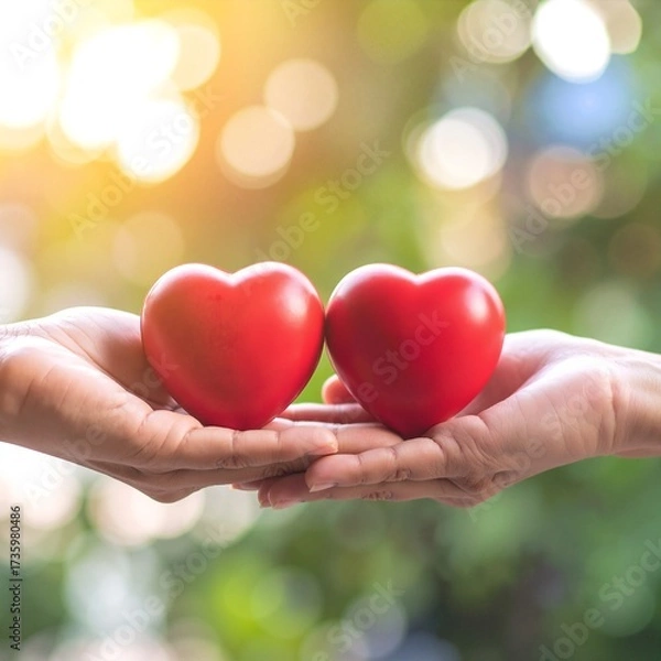 Fototapeta Two hands gently cradle vibrant red hearts, symbolizing love and connection, against a soft, blurred background that enhances their warmth and intimacy.