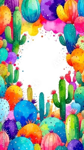 Fototapeta A vibrant watercolor background featuring various cacti in shades of green and earthy tones, providing ample space for personalized text or messages.
