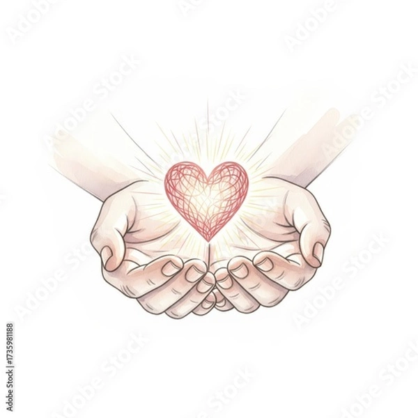 Obraz Hands cradling a glowing heart symbolizing love and compassion in a simple, artistic representation