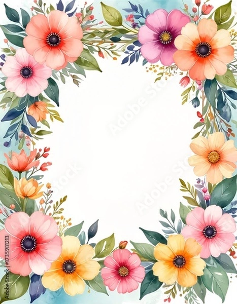 Fototapeta A delicate watercolor floral frame featuring an array of vibrant flowers in soft hues, elegantly encircling the edges, perfect for invitations or decor.