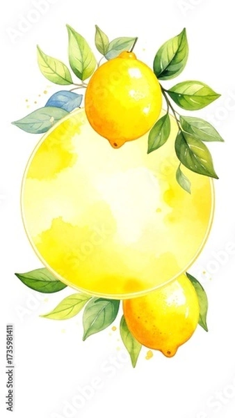 Fototapeta A vibrant collection of watercolor lemons clipart, featuring various lemon shapes and sizes, showcasing bright yellow hues and lush green leaves, perfect for designs.