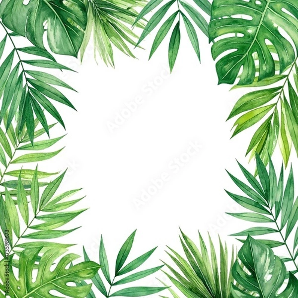 Fototapeta A vibrant watercolor illustration featuring lush tropical leaves in various shades of green, elegantly framing the edges of the image for a fresh, exotic feel.