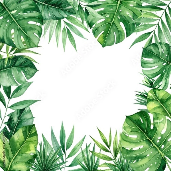 Fototapeta A vibrant watercolor frame featuring lush tropical leaves in various shades of green, with hints of blue and yellow, creating a lively, exotic atmosphere.
