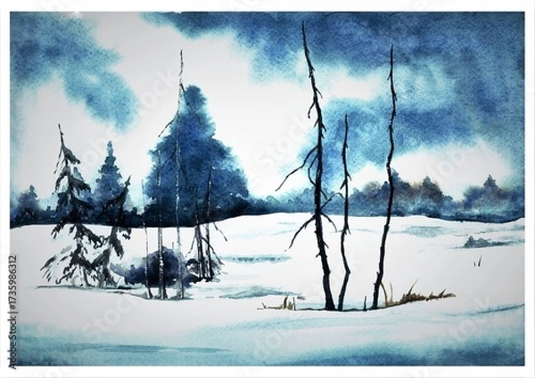 Fototapeta Winter landscape watercolor painting with snow-covered field, bare trees and evergreens in blue tones. Serene nature scene with atmospheric sky and forest silhouettes.