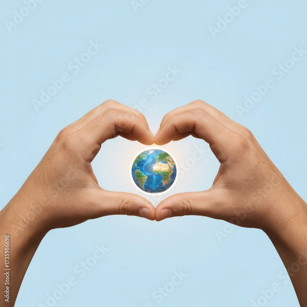 Fototapeta Hands forming a heart shape around a globe, representing love and care for the planet