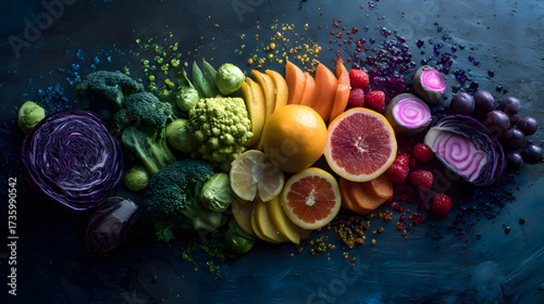 Fototapeta Colorful fresh fruits and vegetables arranged artistically on a dark surface.