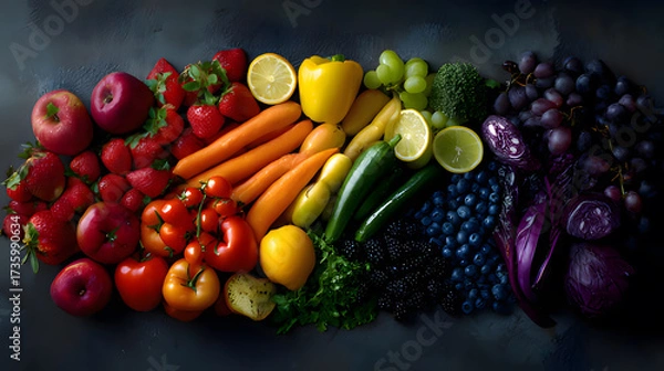 Fototapeta Colorful fresh fruits and vegetables arranged artistically on a dark surface.