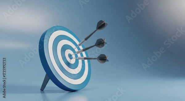 Fototapeta Achieving Goals Target with Darts A Precise Shot of Three Darts Hitting the Bullseye on a Blue and White Target Symbolizing Success Accuracy and Strategic Aim