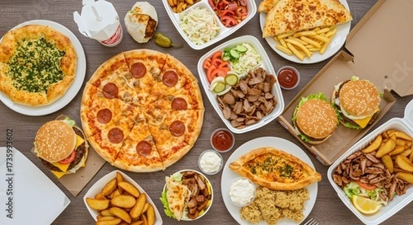 Obraz Assorted takeout and delivery foods on table – pizza, pied, hamburgers, doner, fried chicken, and sides. Top-down view