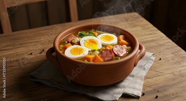 Obraz Rustic homemade soup with boiled eggs and sliced sausage, served hot in a bowl, comforting traditional meal