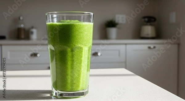 Obraz Refreshing green smoothie made with fresh spinach, kiwi, apple, and citrus fruits, healthy detox drink full of vitamins, plant-based nutrition, clean eating, perfect for breakfast or fitness lifestyle