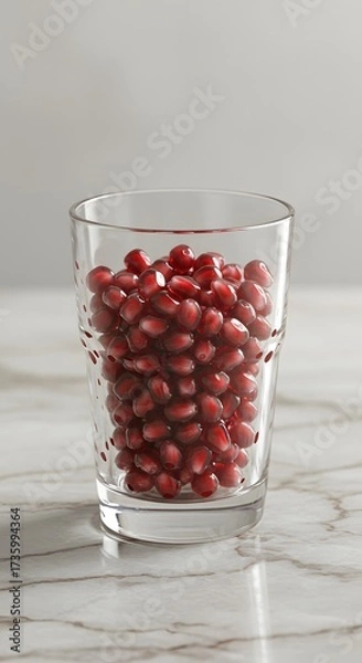 Obraz Fresh pomegranate seeds beautifully arranged in a clear drinking glass placed on a marble table surface, symbolizing natural antioxidants, healthy nutrition, refreshing superfood.