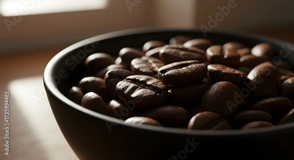 Obraz Macro close up of roasted coffee beans in a black bowl, illuminated by natural window light from the front, rich texture, aromatic detail, perfect background for café, barista, and coffee culture