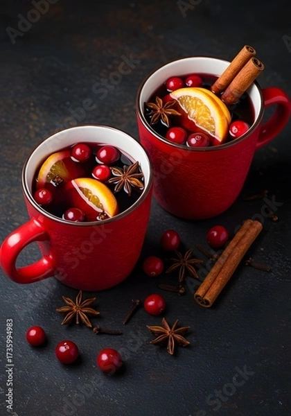 Obraz Traditional Christmas mulled wine served in festive red mugs with cranberries, orange slices, and warming spices, cozy winter holiday drink on dark stone background with copy space for seasonal celebr