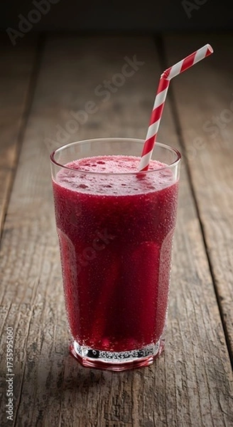 Obraz Glass of refreshing fruity juice with straw placed on rustic old wooden table, vibrant summer beverage symbolizing freshness, healthy lifestyle, natural vitamins, hydration