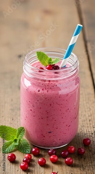Obraz Pink smoothie with wild cranberries served in a mason jar with fresh mint and straw, placed on rustic wooden background, refreshing healthy drink full of vitamins and natural flavor